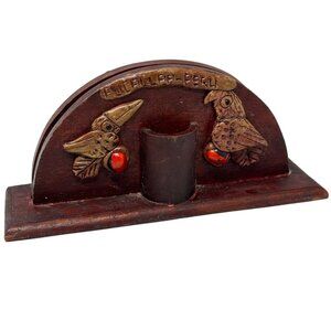 Handcrafted Peruvian Wooden Letter Holder With Bird Carvings & Red Accents